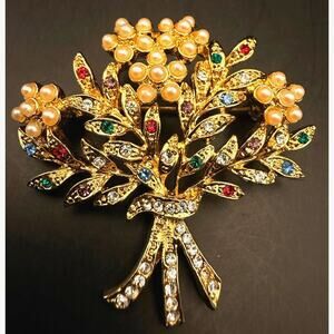 Flower Bouquet Brooch Goldtone Faux Pearls Multicolor Rhinestones